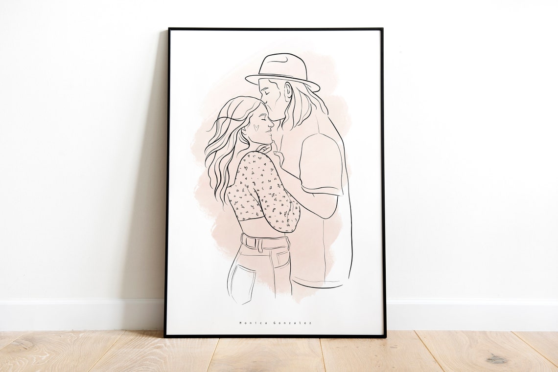 Tender Couple Embrace Forehead Kiss Blush Line Art Gift Poster