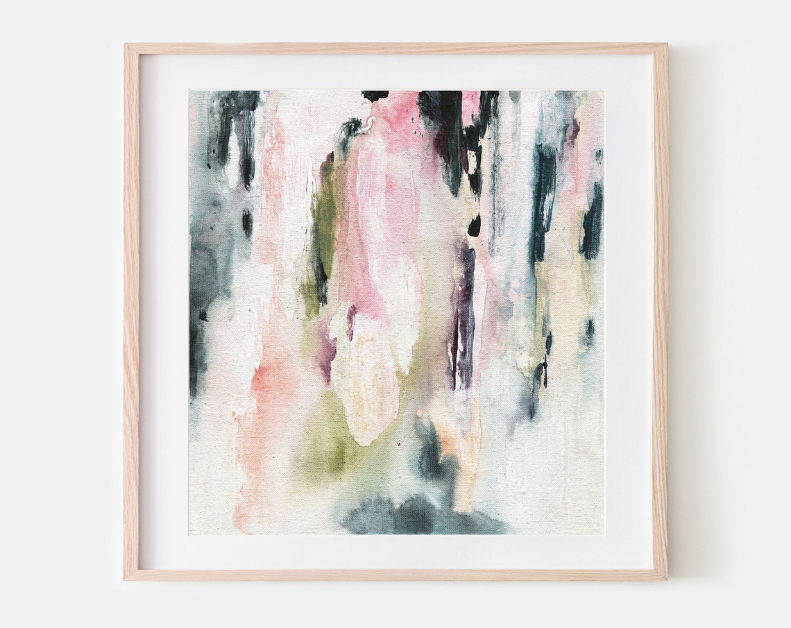 Square Abstract Watercolor Art Pink Teal Drips Dark Contrast Wall Art