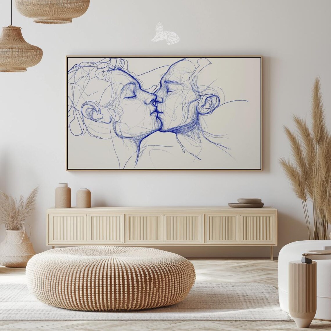 Blue Ink One Line Couple Kissing Profile Minimalist Romantic Art Print - Image 2