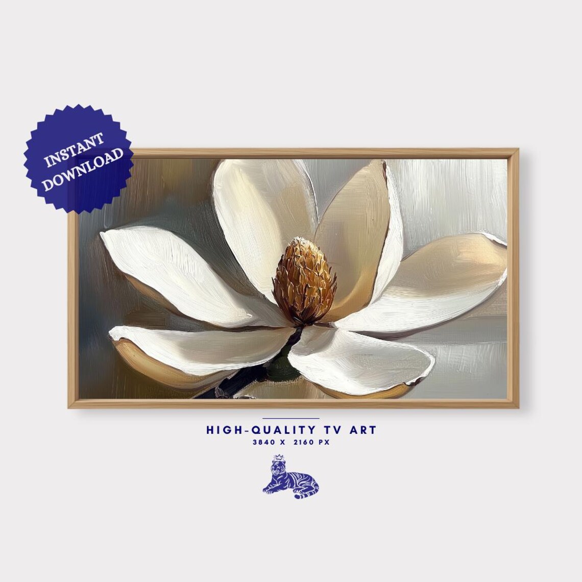 Elegant White Magnolia Bloom Oil Painting Neutral Gray Floral Wall Art - Image 3