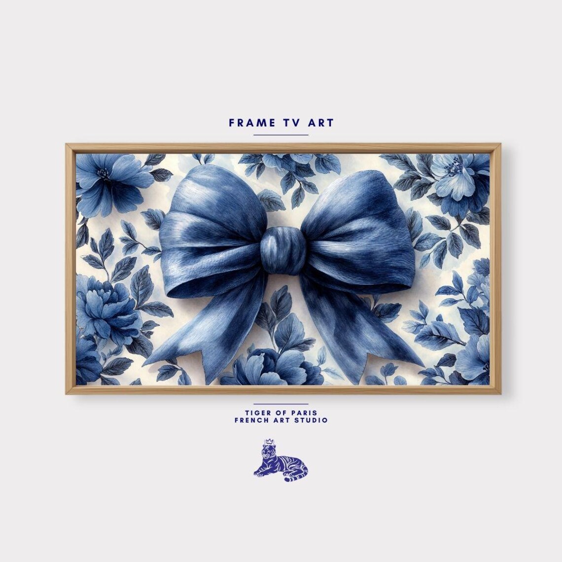 Navy Blue Bow Blue Floral Watercolor Coquette Romantic Ribbon Wall Art