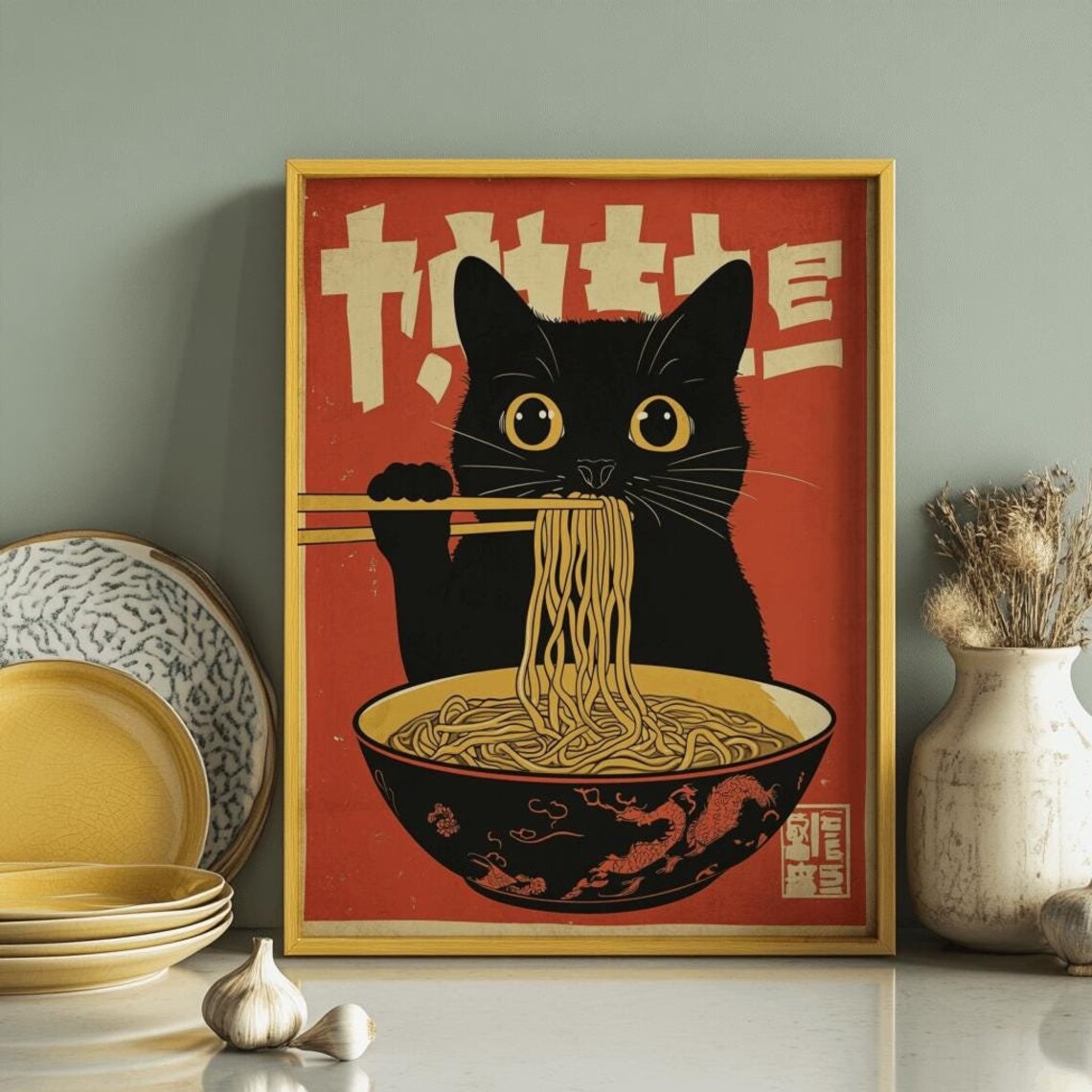 Vintage Cat Eating Ramen, Retro Japanese Art Print