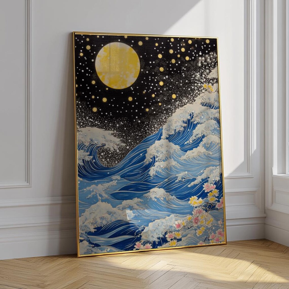 Japanese Great Wave Golden Moon Starry Night Cherry Blossom Poster