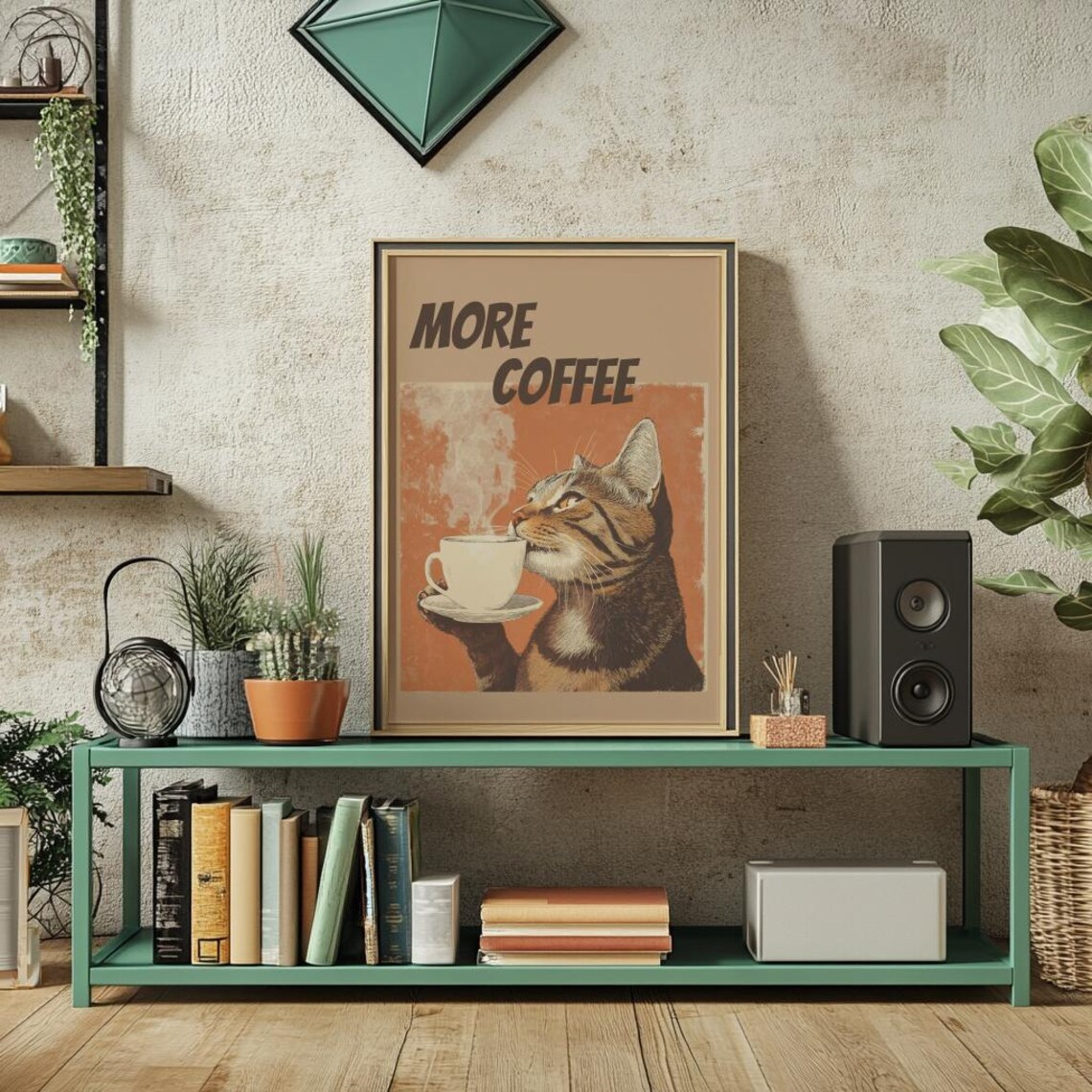 More Coffee Funny Retro Tabby Cat Holding A Coffee Cup Poster - Image 3