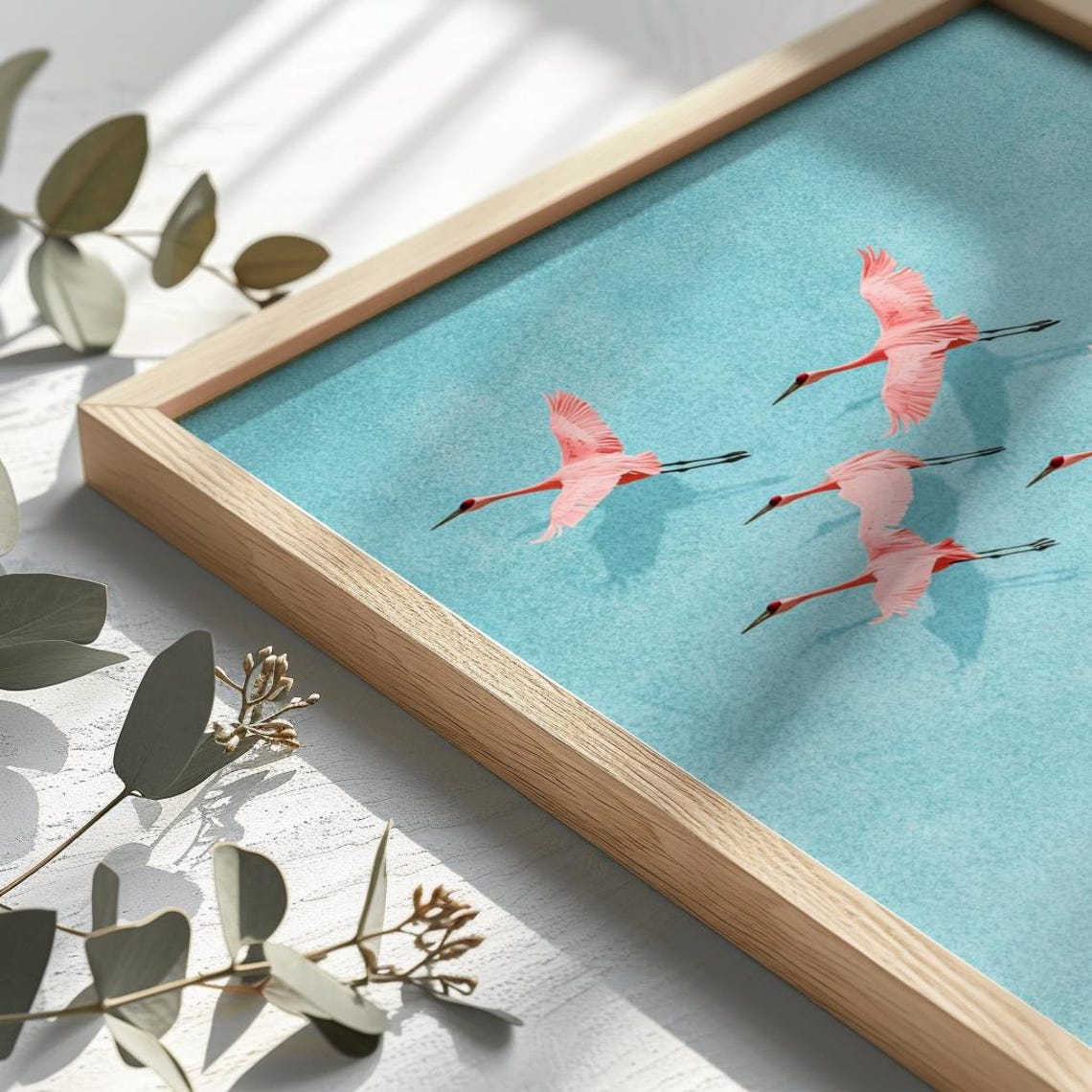 Pink Flying Cranes Japandi Style Elegant Minimalist Bird Art Poster - Image 2