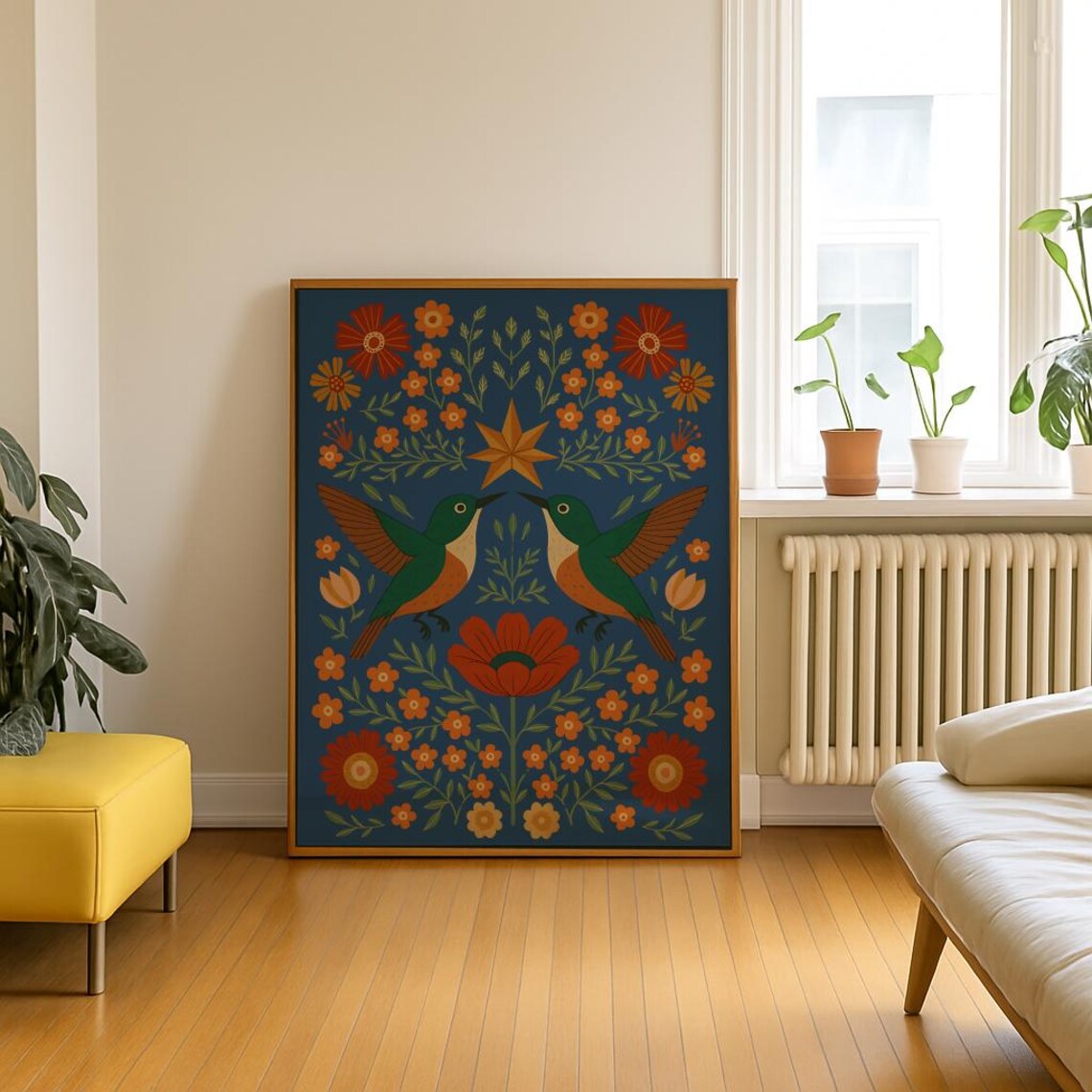 Scandinavian Hummingbird Folk Art Floral Navy Nature Art Poster - Image 3