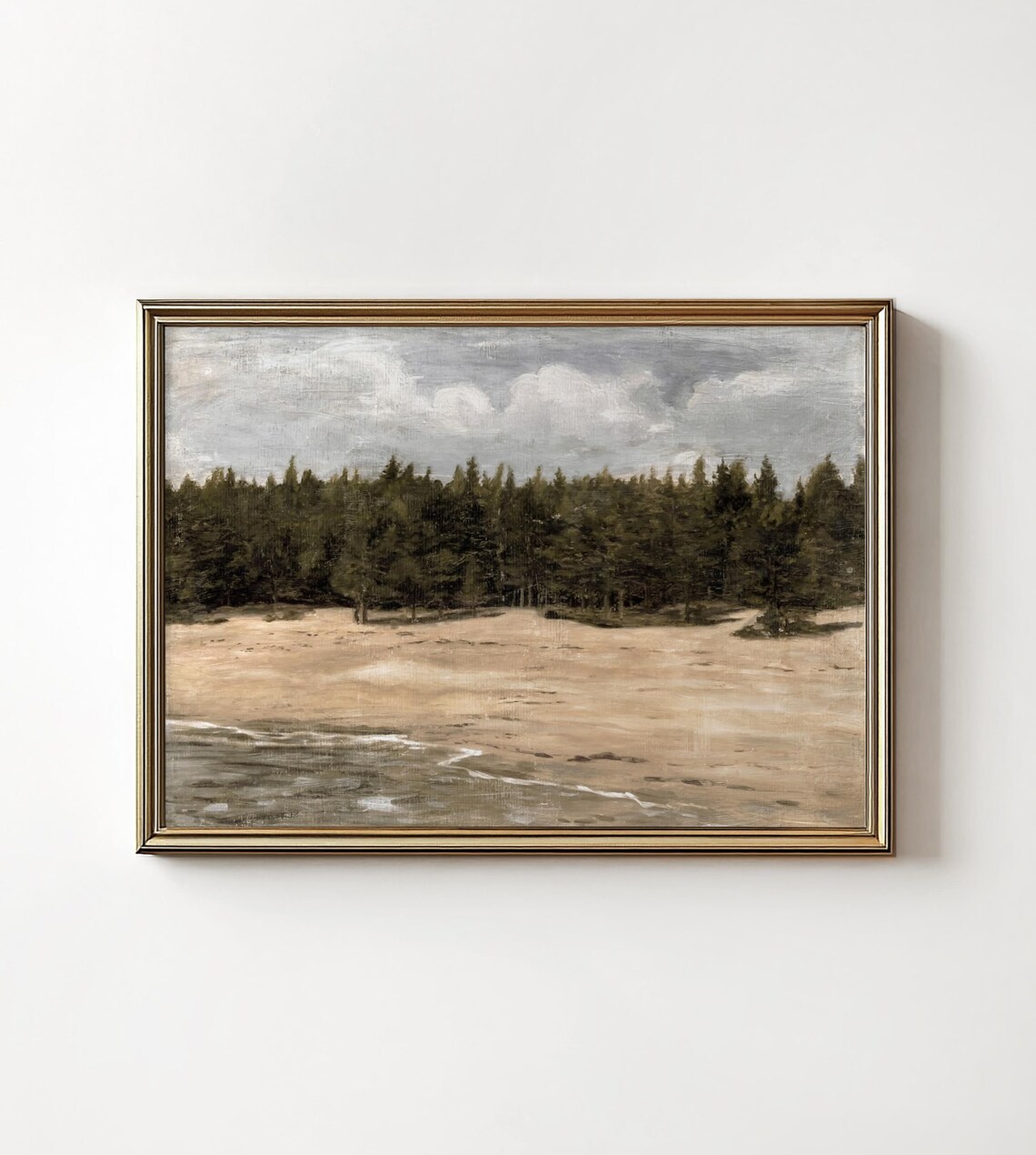 Moody Pine Forest Edge Sandy Shore Water Vintage Landscape Painting Wall Print - Image 2