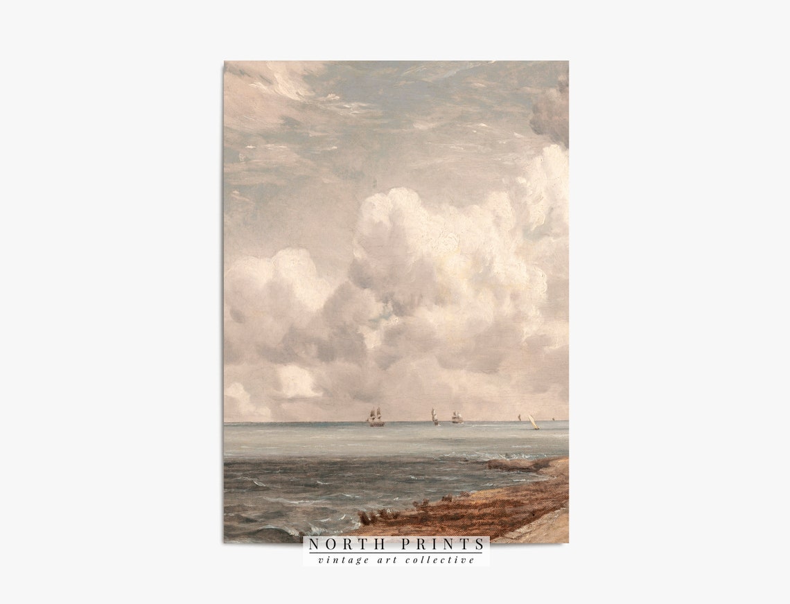 Antique Seascape Tall Ships Dramatic Clouds Ocean Painting Wall Art - Image 2