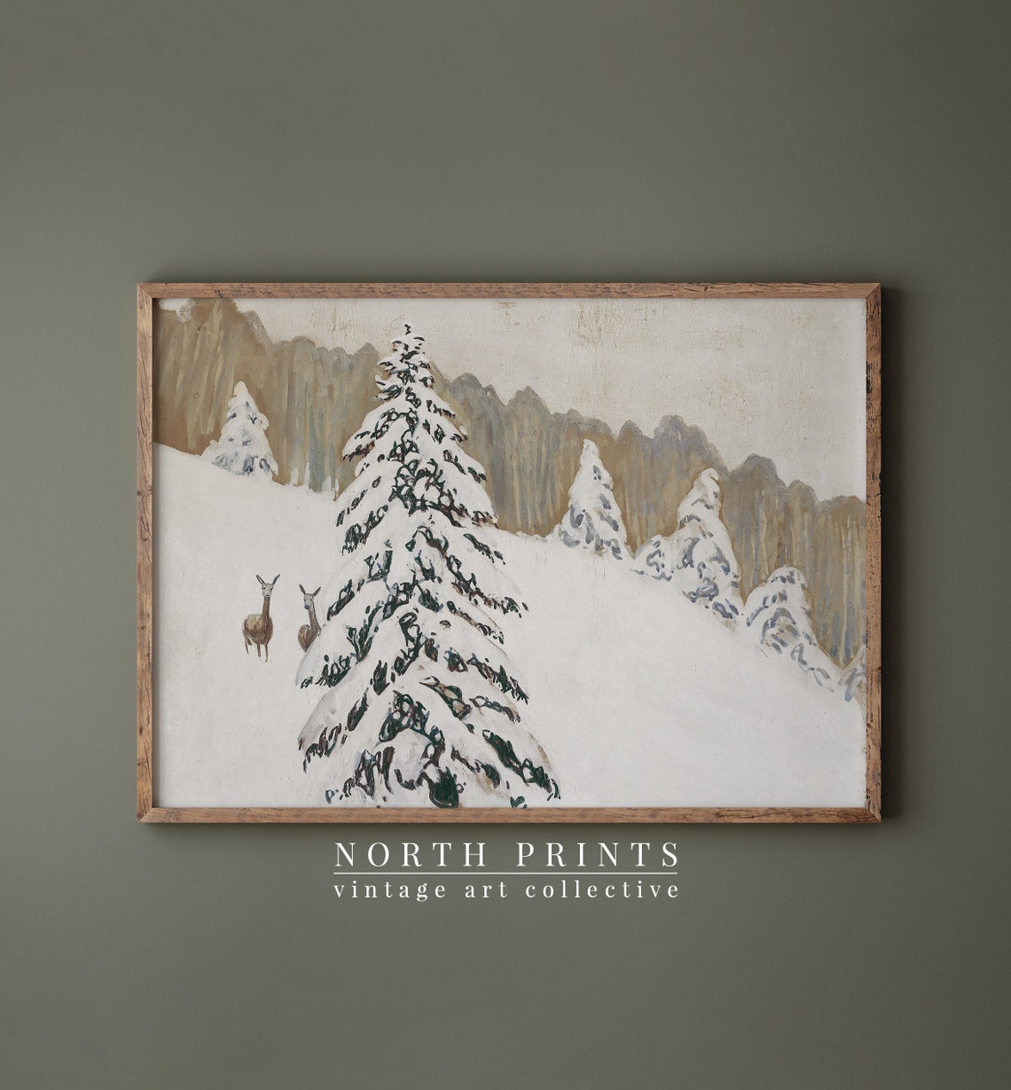Snowy Pine Forest Deer Winter Landscape Vintage Painting Poster - Image 4
