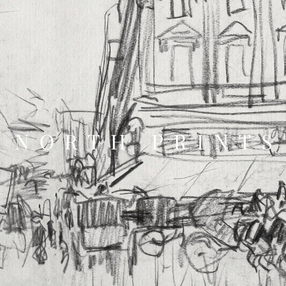 Vintage Old Town Street Sketch City Architecture Charcoal Print - Image 4