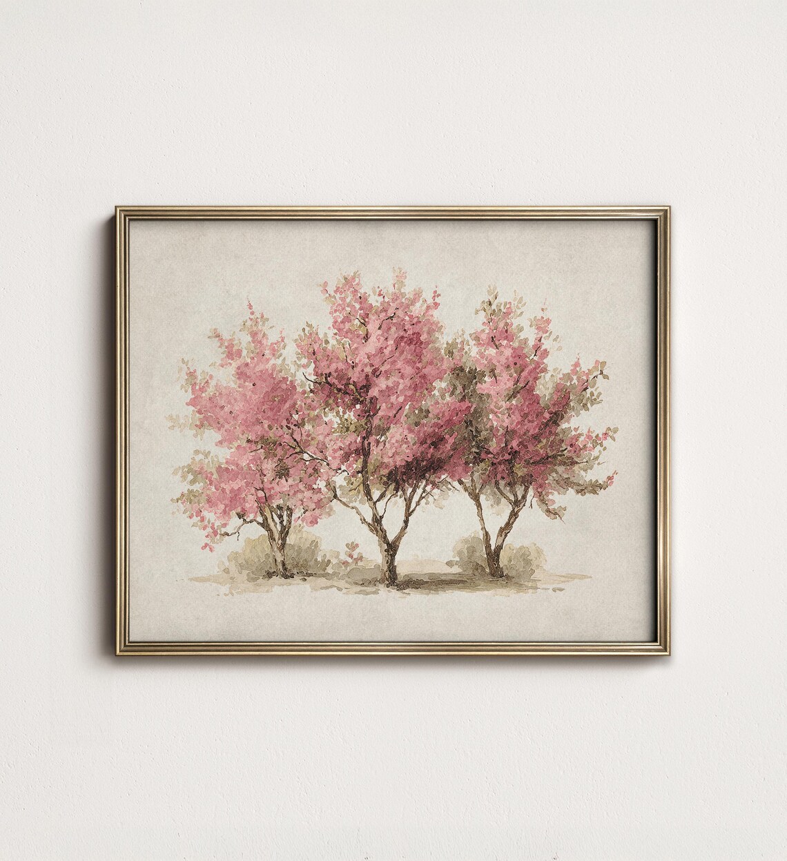 Pink Spring Trees Painting French Country Wall Decor Botanical Art 11111