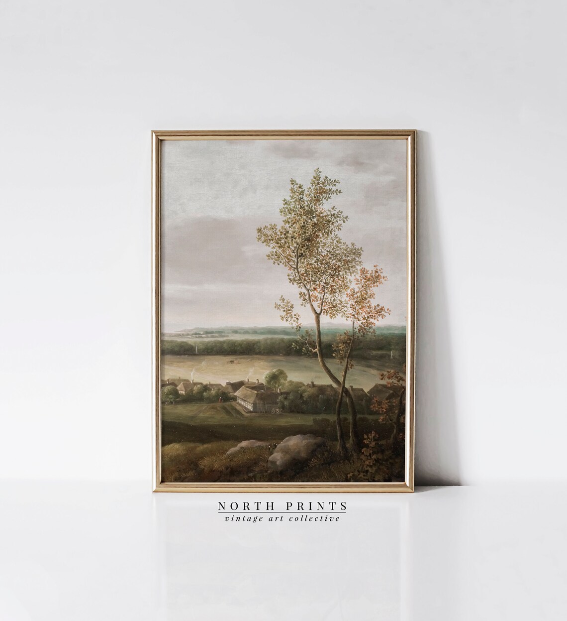 Antique Painting Vintage Print, Country Village Landscape