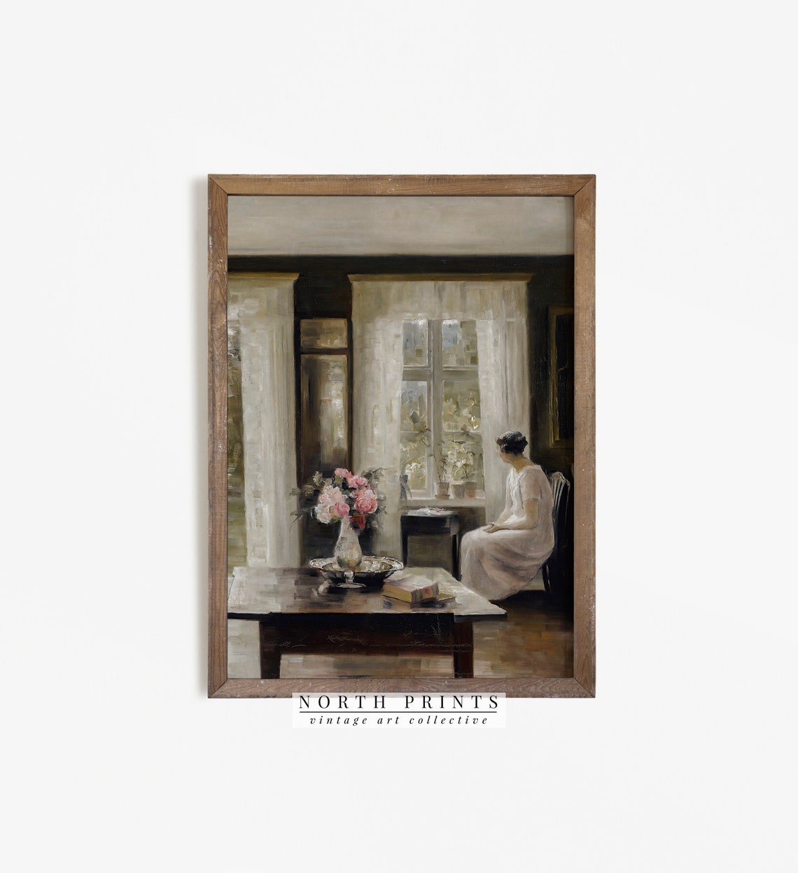 Woman by Window Pink Peonies Quiet Interior Vintage Painting Poster - Image 4