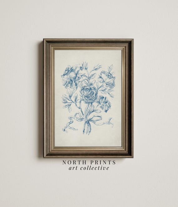 Antique Victorian Blue Rose Bouquet Sketch Art Print