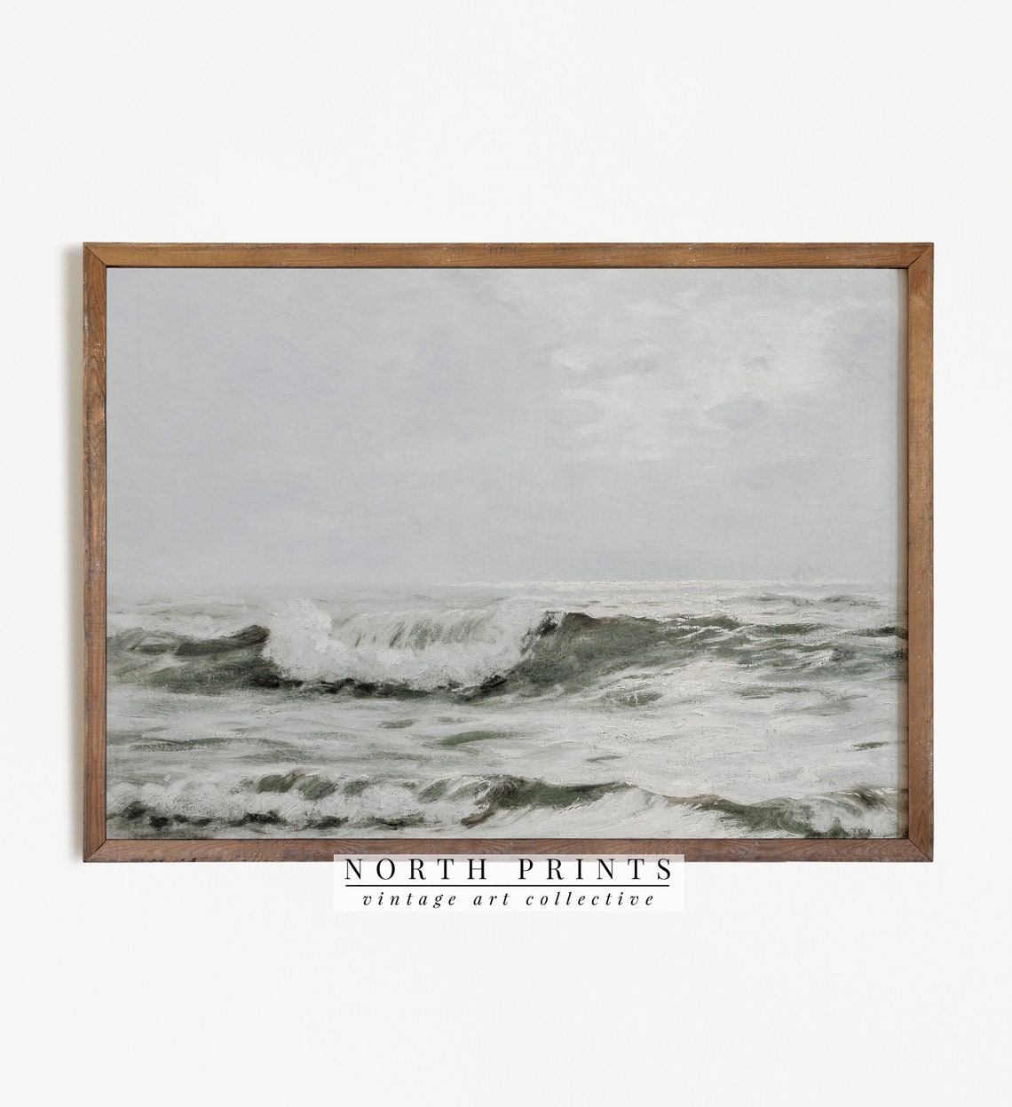 Gray Ocean Waves Breaking Muted Seascape Vintage Painting Wall Art
