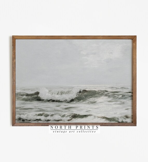 Gray Ocean Waves Breaking Muted Seascape Vintage Painting Wall Art