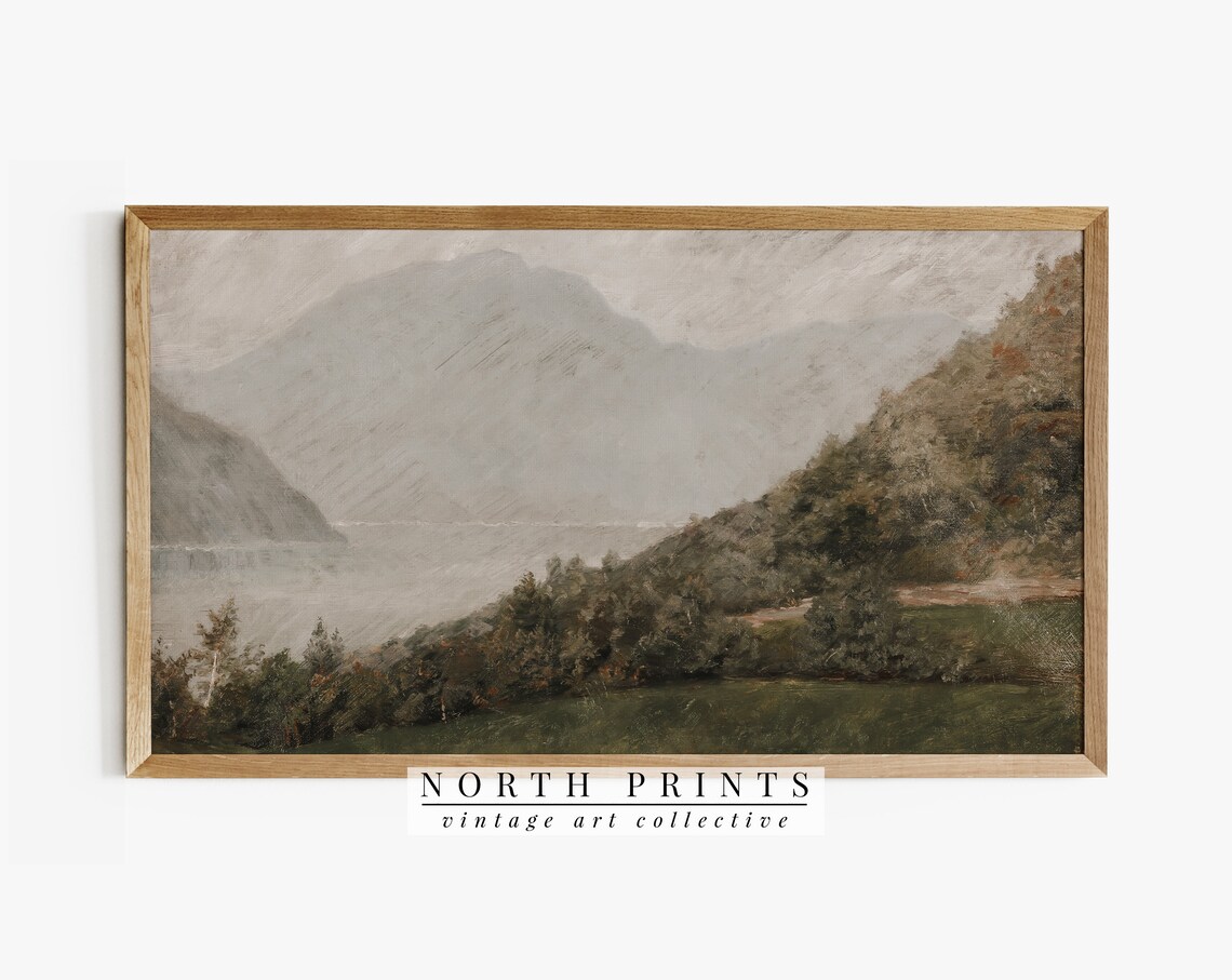 Muted Vintage Lake Painting Art Print, Lake House