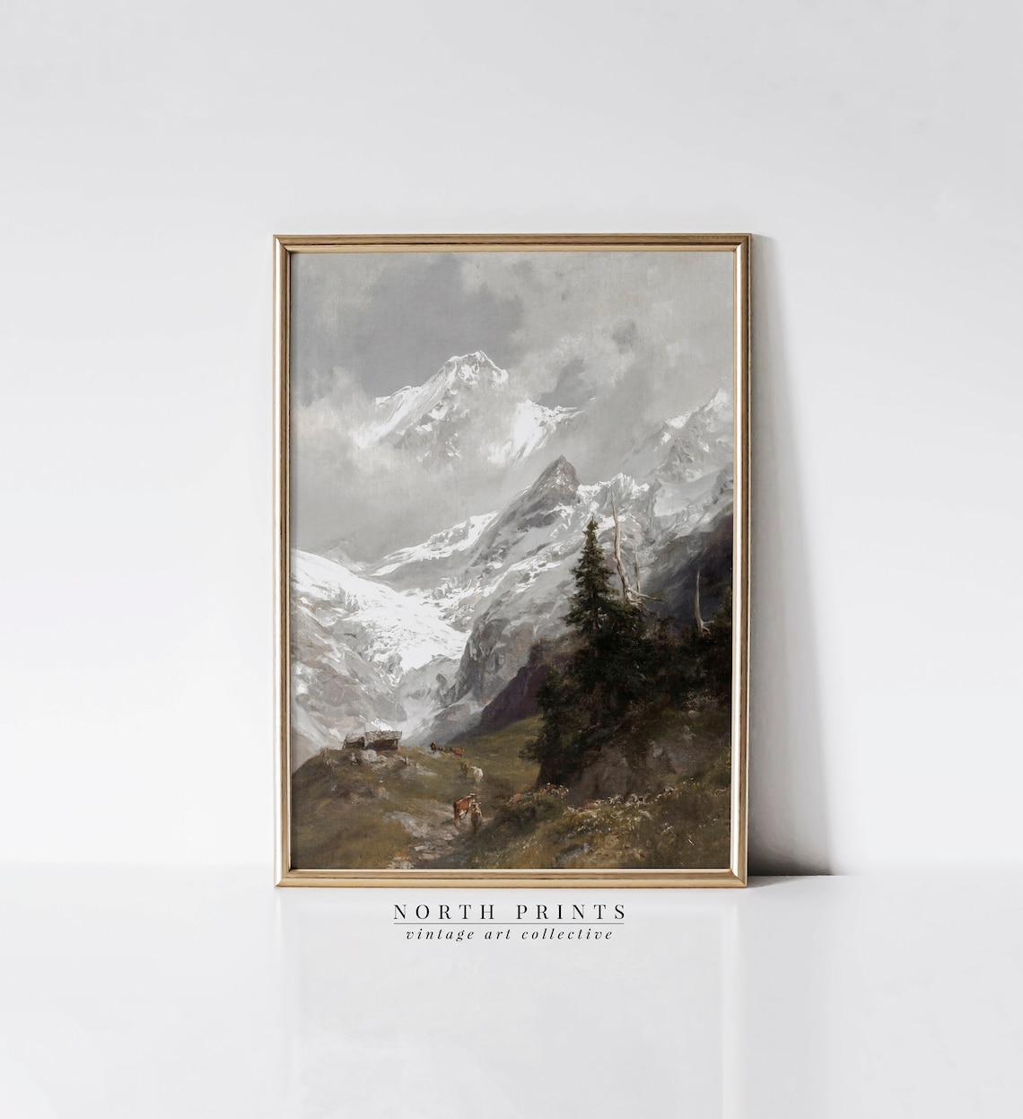 Rustic Mountain Landscape Painting, Alps Wall Art Print