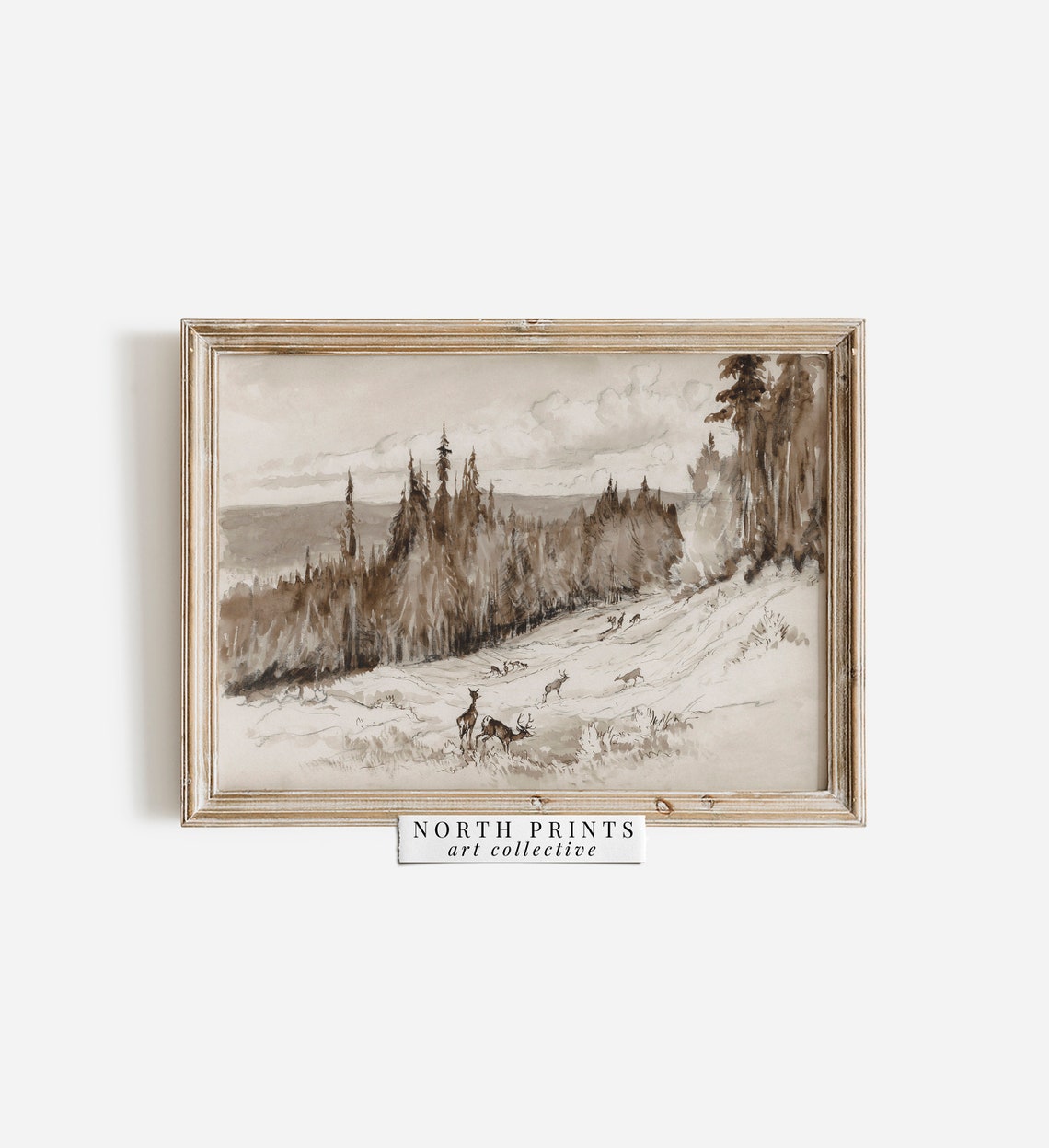 Rustic Deer Herd Pine Forest Hillside Sepia Watercolor Poster - Image 2
