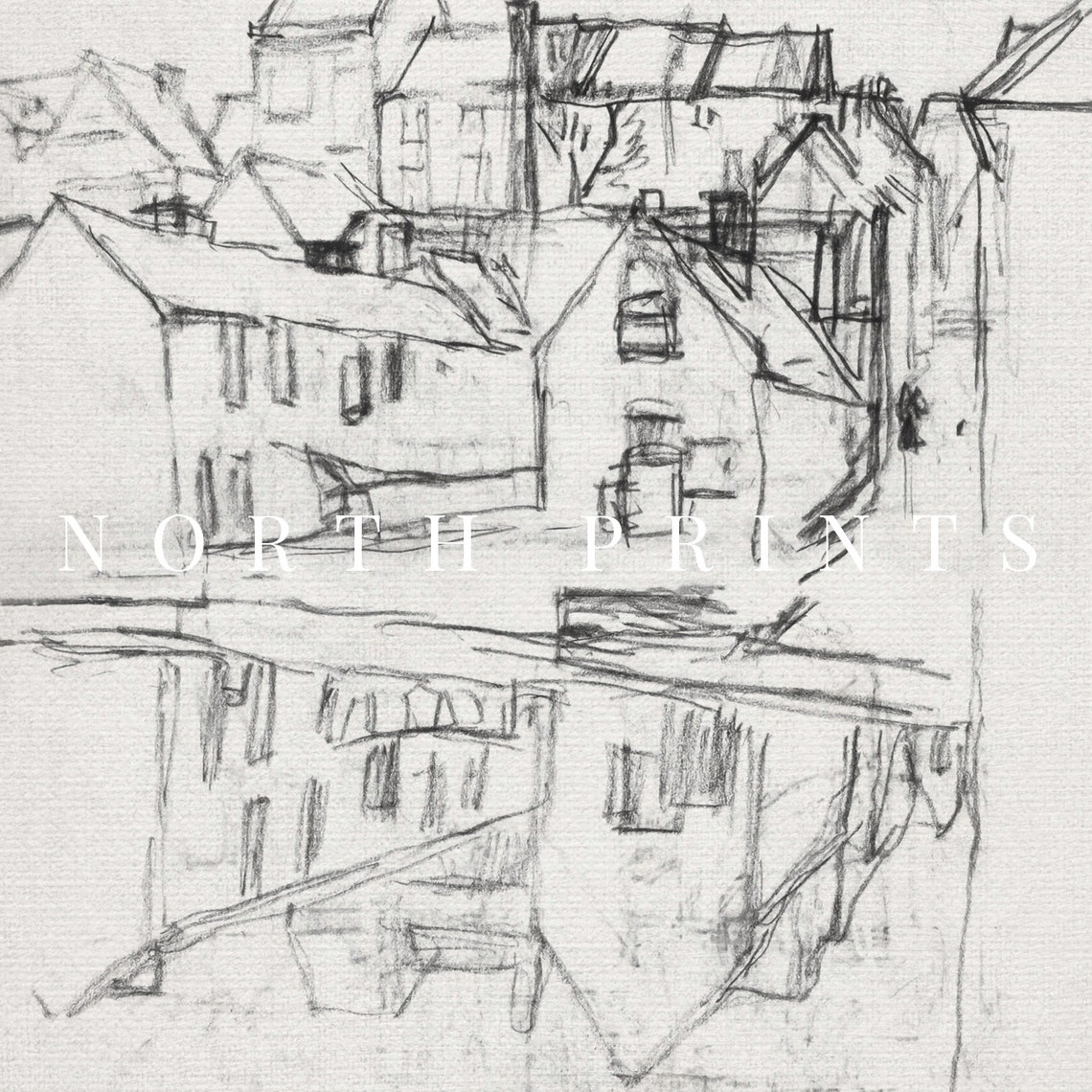 Antique French Old Town Pencil Sketch Water Reflection Poster - Image 3