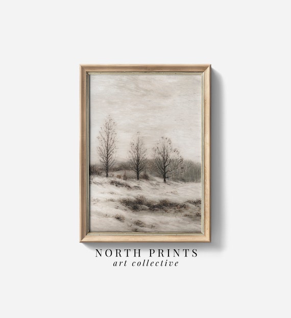 Muted Snowy Winter Landscape Art Print, Farmhouse Decor