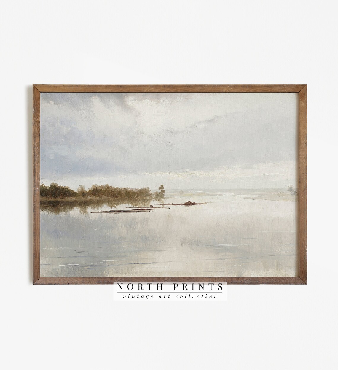 Muted Tonal River Painting, Neutral Landscape
