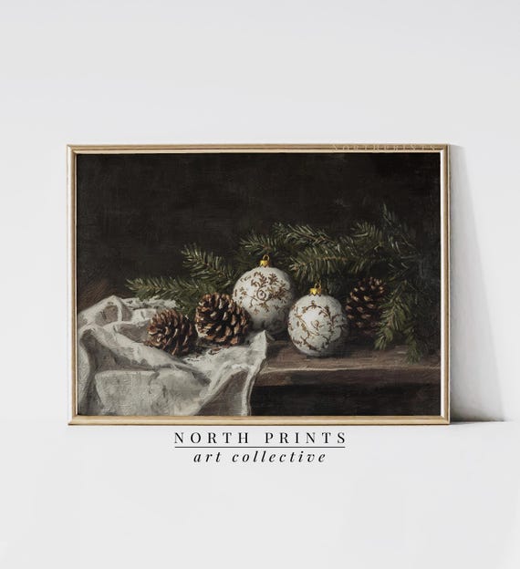 Winter Still Life Painting, French Country Christmas Decor