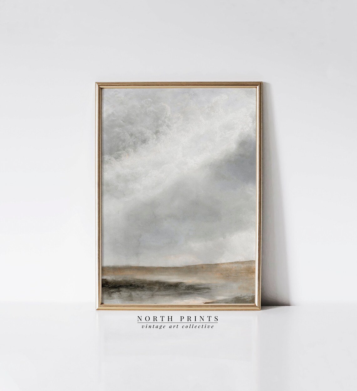 Vast Cloudy Gray Sky Low Horizon Muted Tonal Vintage Landscape Wall Print