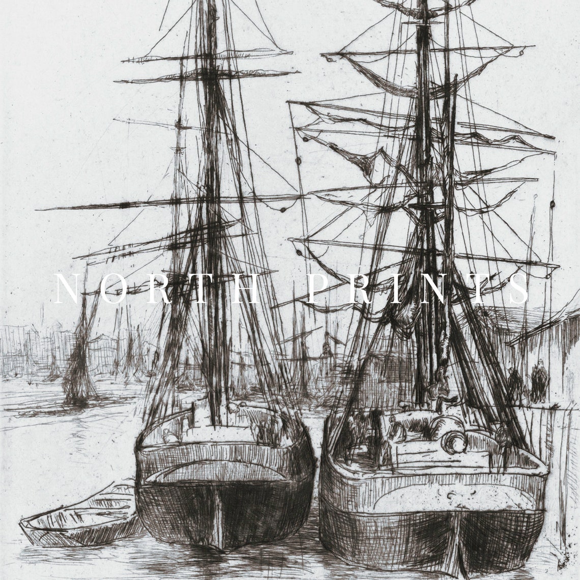 Tall Ships Harbor Antique Nautical Pen Sketch Drawing Wall Art - Image 2