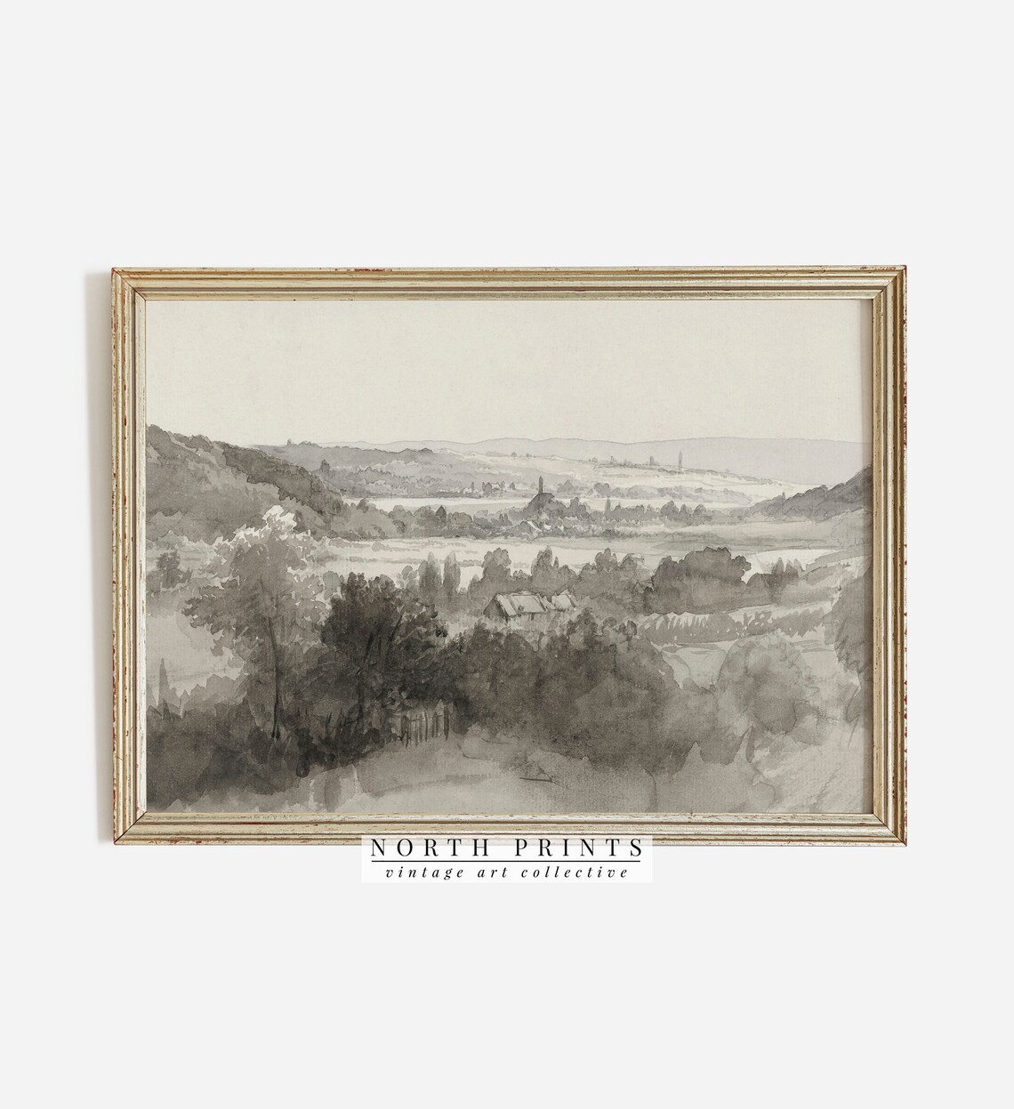 Muted Watercolor Rustic Valley Landscape Art Print - Image 2