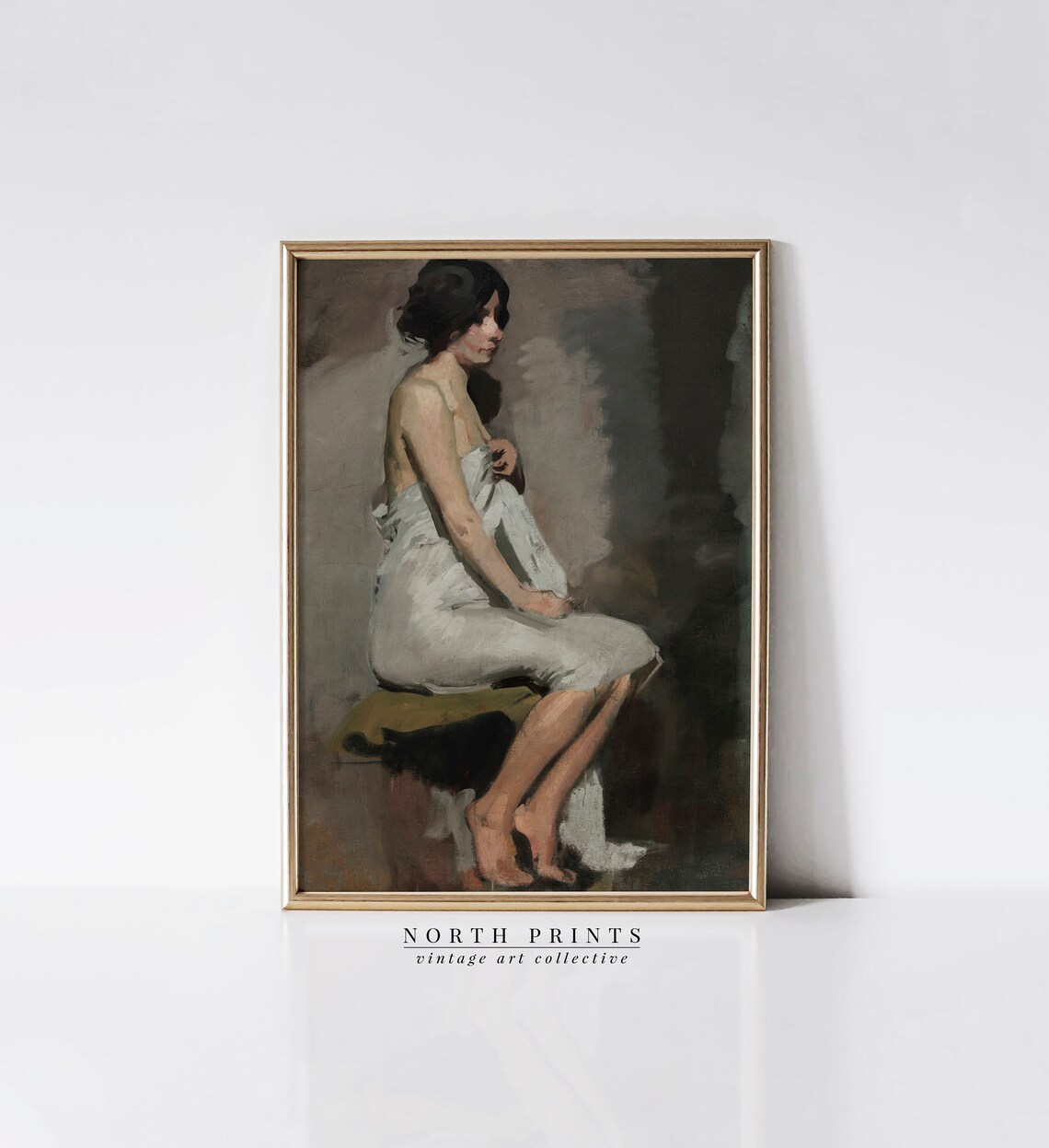 Moody Seated Woman White Drapery Vintage Oil Painting Antique Figure Print