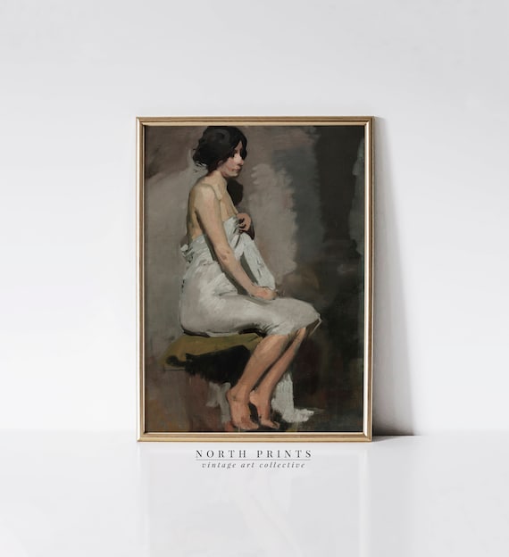 Moody Seated Woman White Drapery Vintage Oil Painting Antique Figure Print