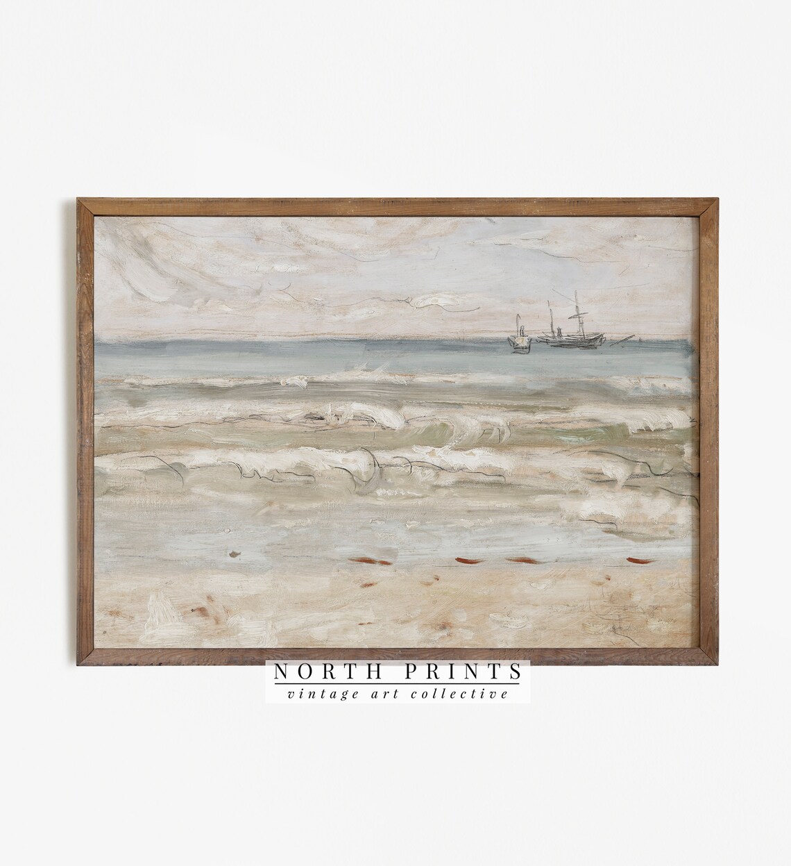 Vintage Beach Surf Sailing Ship Horizon Soft Coastal Oil Painting Wall Print - Image 3