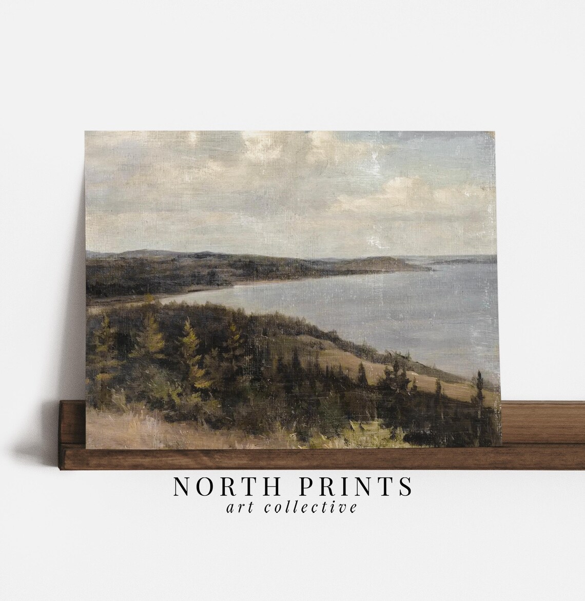 Coastal Pine Forest Hills Calm Bay Overcast Sky Vintage Landscape Wall Print - Image 2
