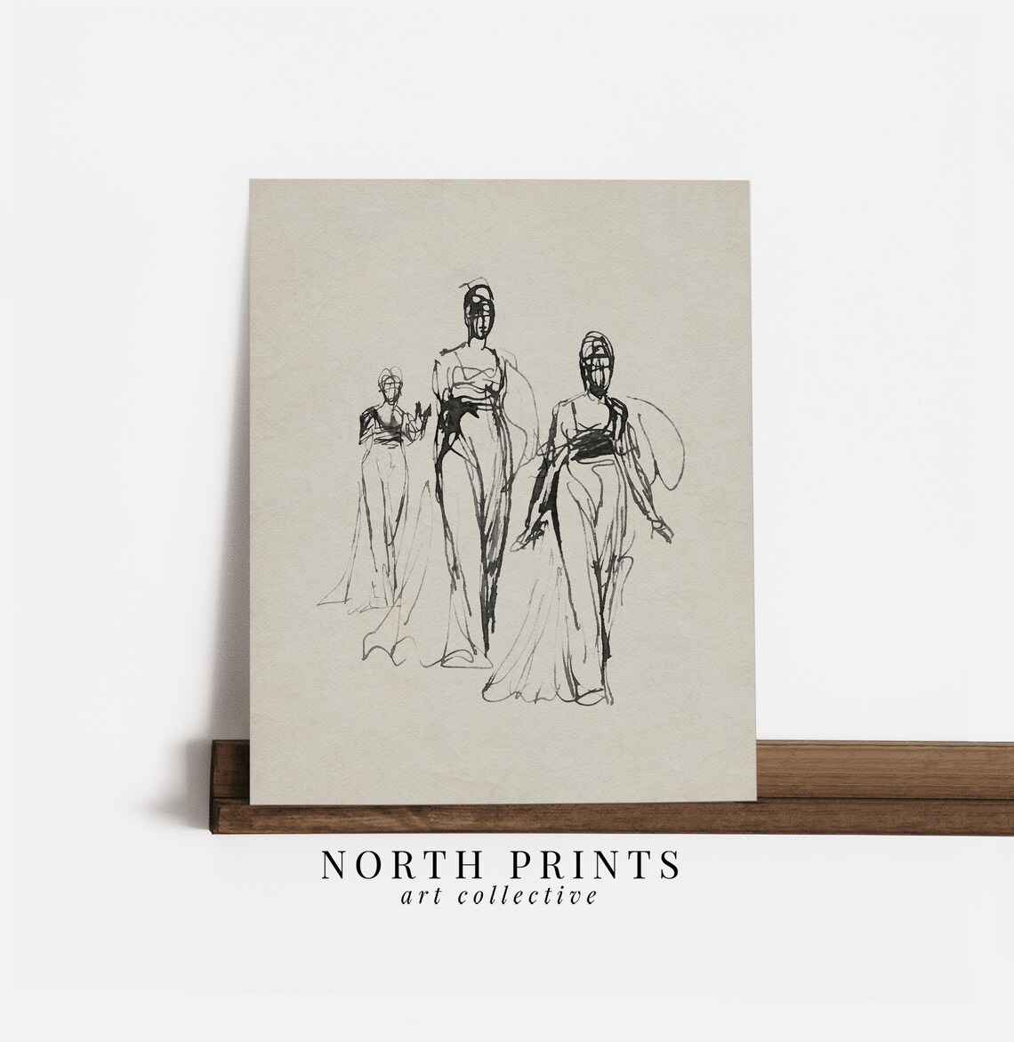 Vintage Fashion Figure Sketch Three Women Gowns Ink Drawing Neutral Wall Poster