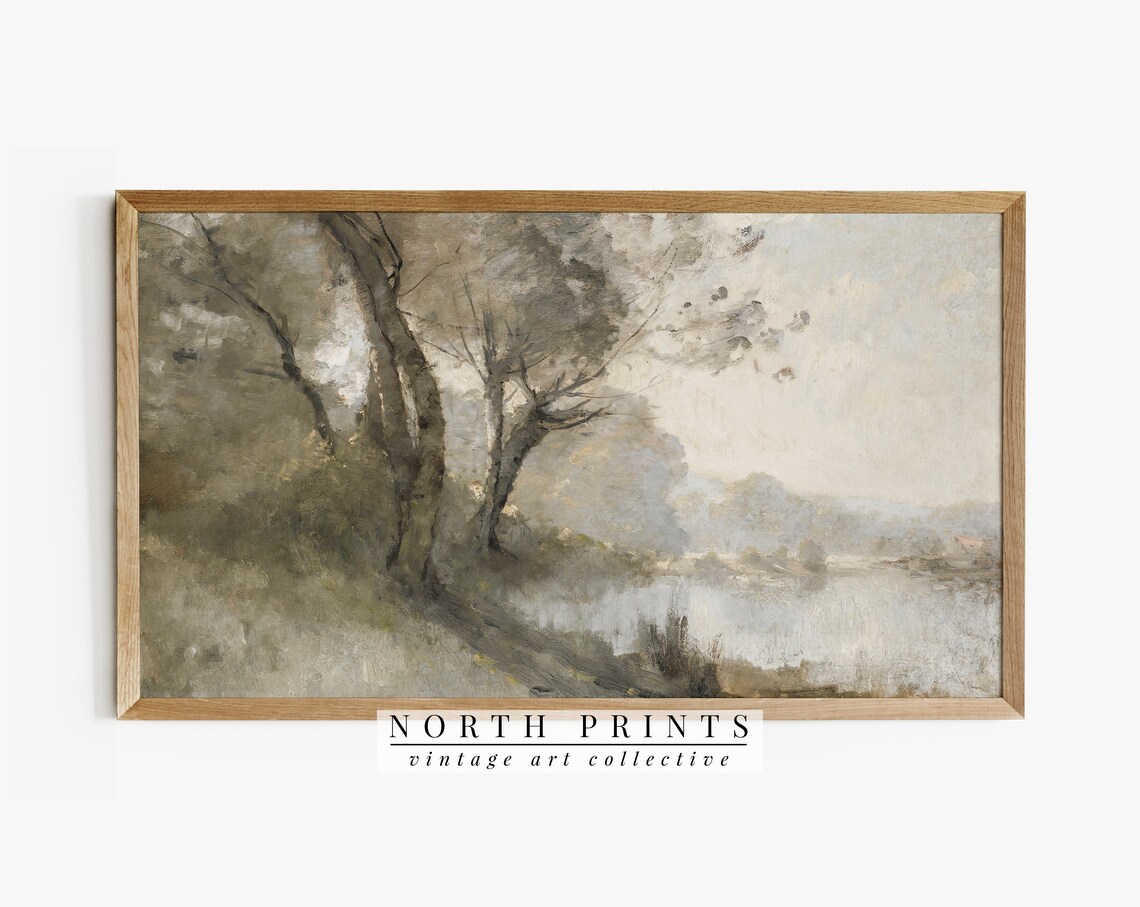 Vintage Muted Green Landscape Painting, Neutral Art Print
