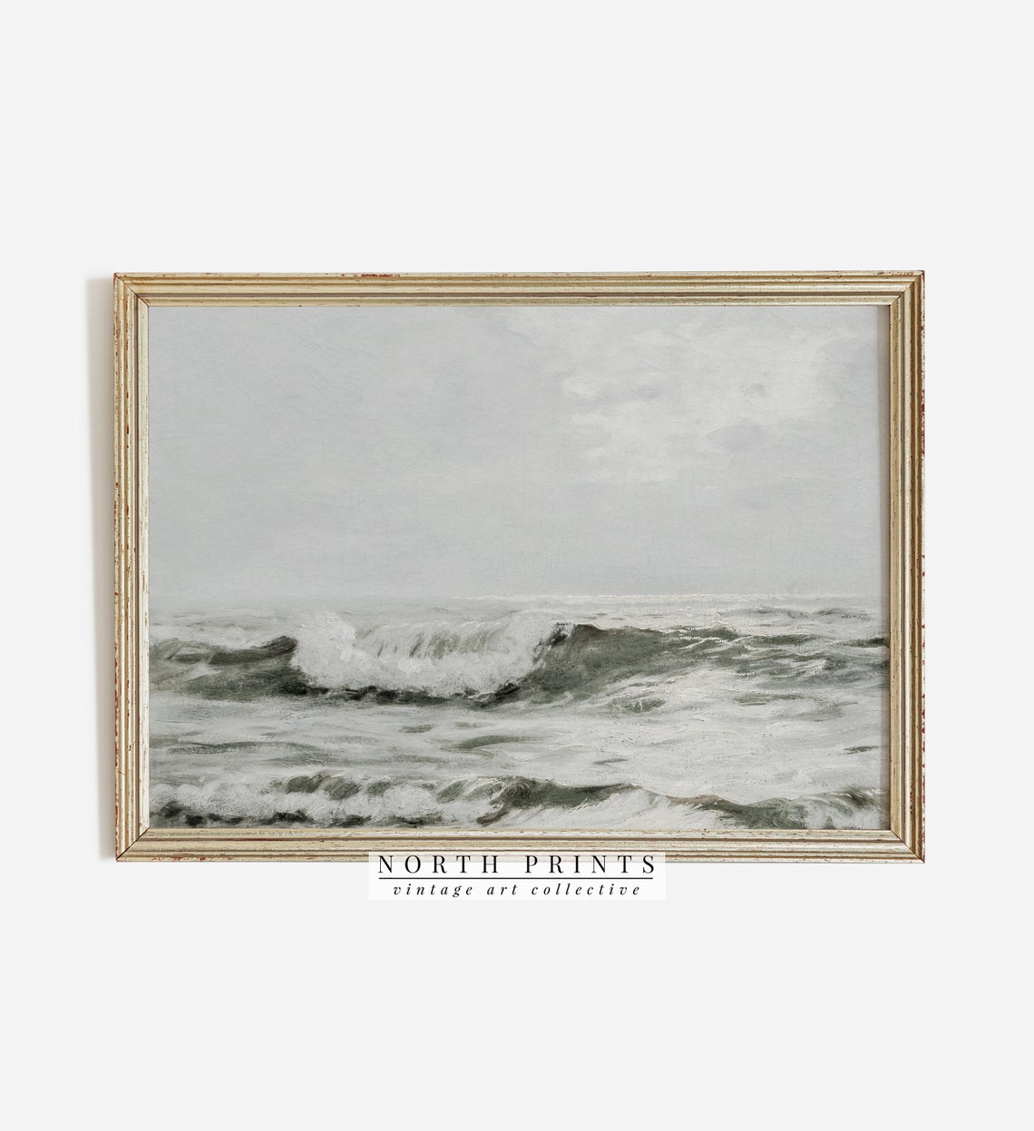 Gray Ocean Waves Breaking Muted Seascape Vintage Painting Wall Art - Image 2