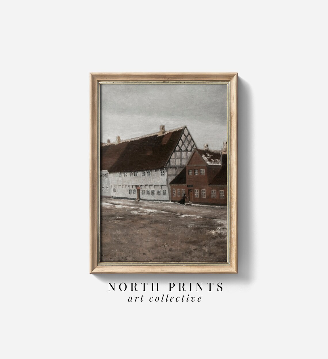 Moody Winter Village Street Snow Old Houses Vintage Painting Poster
