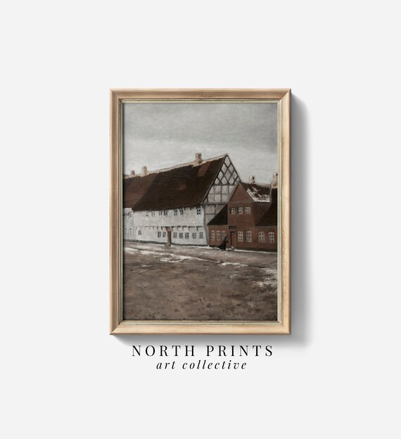 Vintage Moody Winter Village Painting Art Rustic Farmhouse Christmas Wall Decor North Prints 6 111