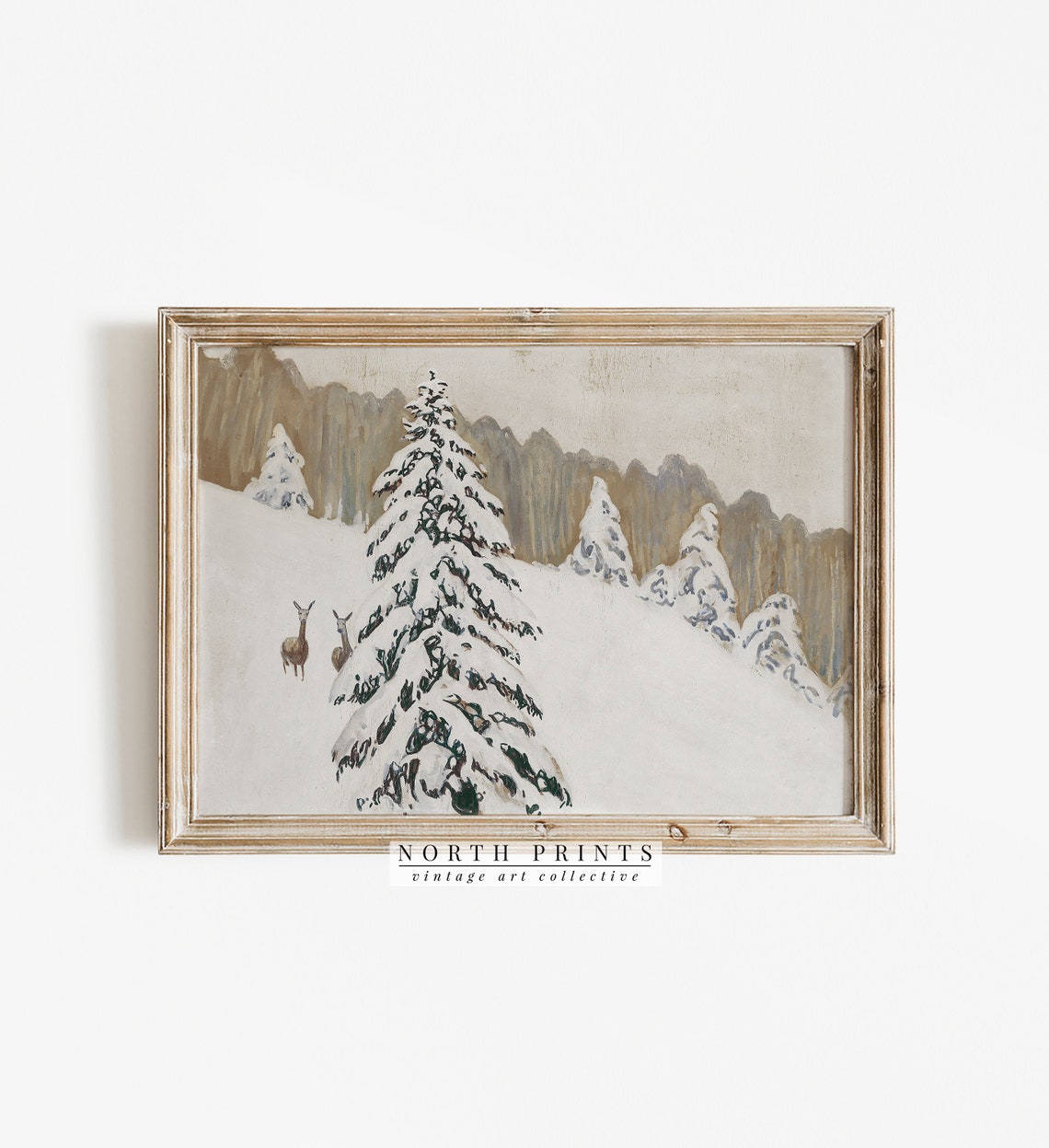 Snowy Pine Forest Deer Winter Landscape Vintage Painting Poster - Image 3