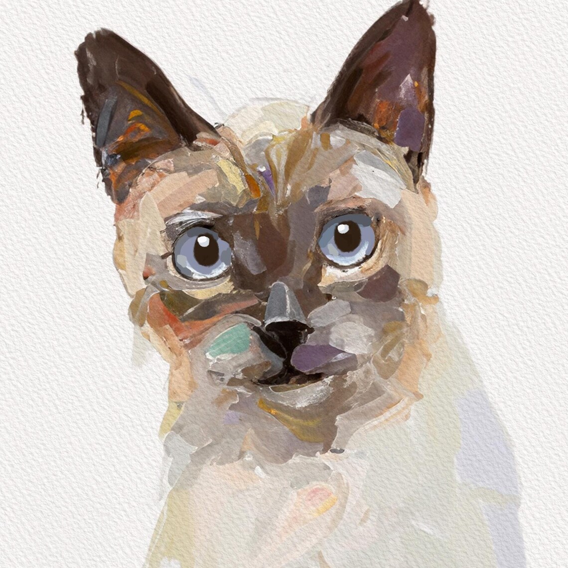 Custom Cat Portrait Painterly Blue Eyed Siamese Style Pet Wall Art