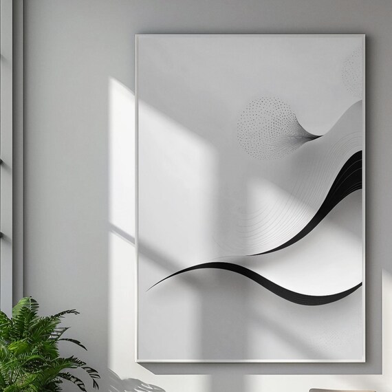 Minimalist Wave Line Art Print Black And White Abstract