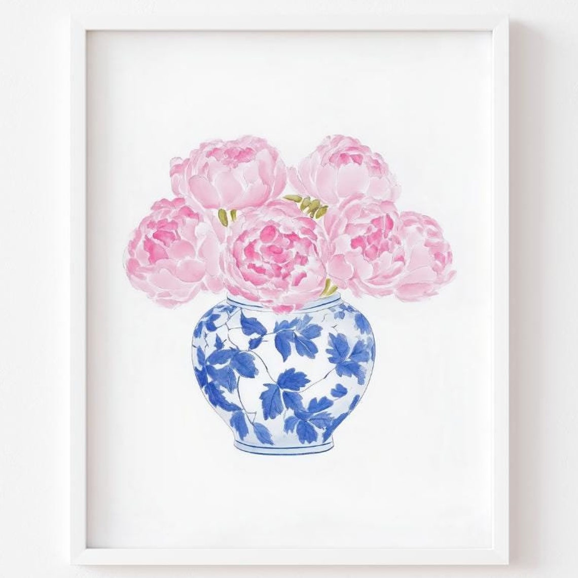 Pink Peonies In Blue White Chinoiserie Ginger Jar Watercolor Poster