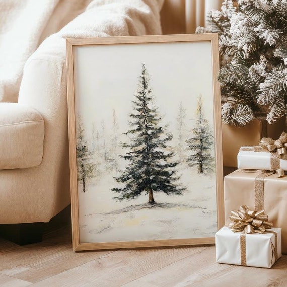 Vintage Christmas Tree Painting Rustic Winter Decor Moody Neutral Holiday Art Cozy Christmas Wall Art Festive Gift Idea