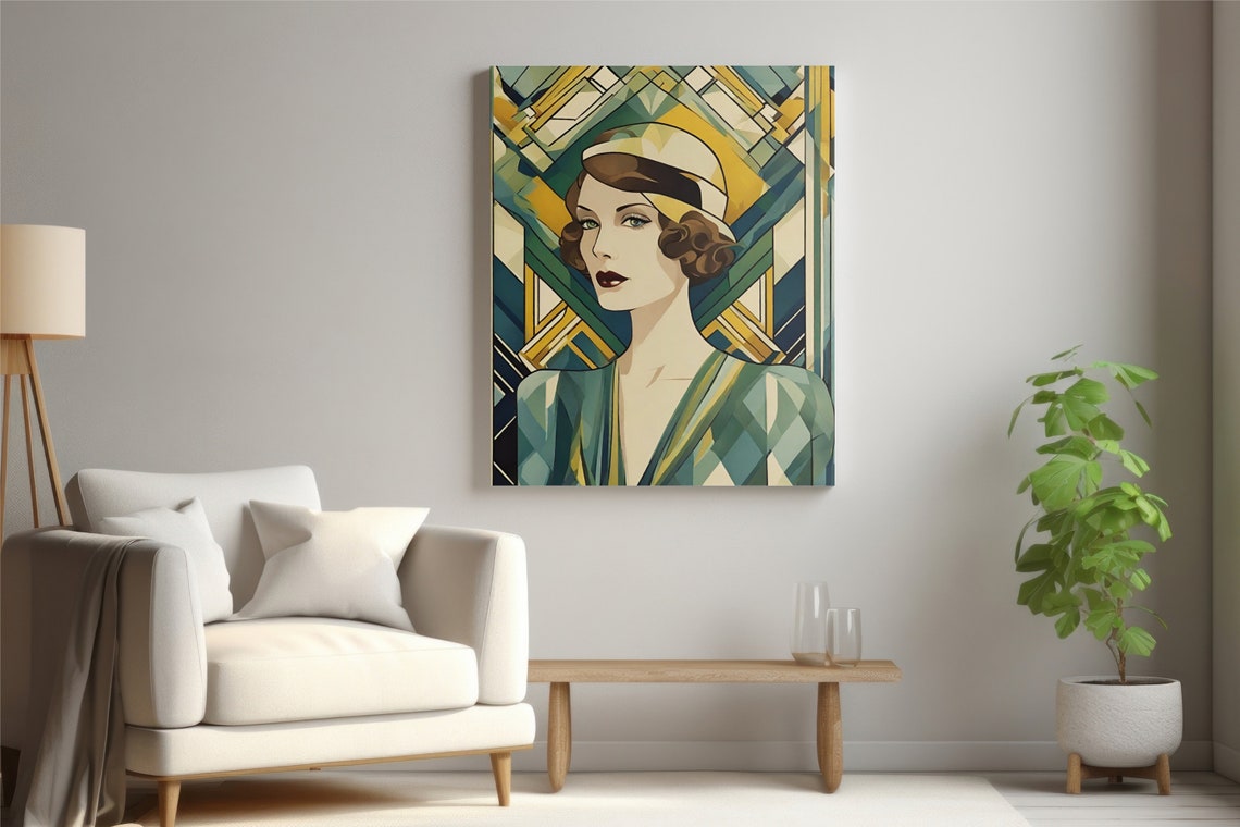 Art Deco Lady Cloche Hat Portrait Teal Gold Geometric 1920s Art Poster - Image 2