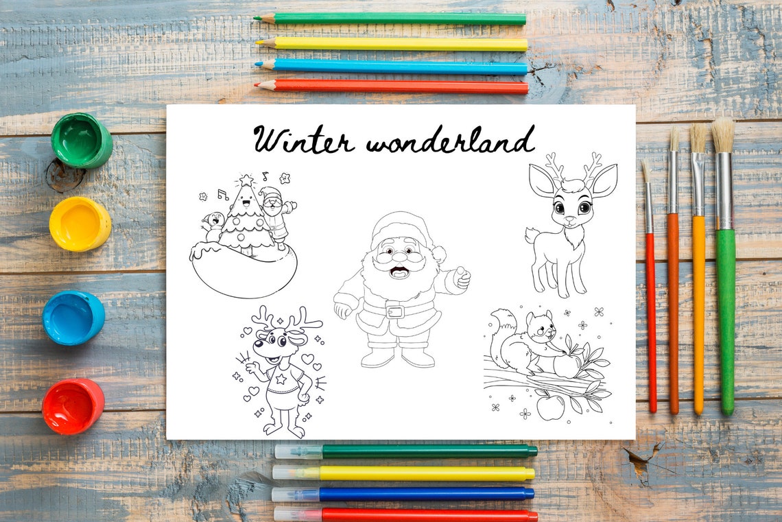 Winter Wonderland Kids Coloring Page Santa Reindeer Holiday Art Poster