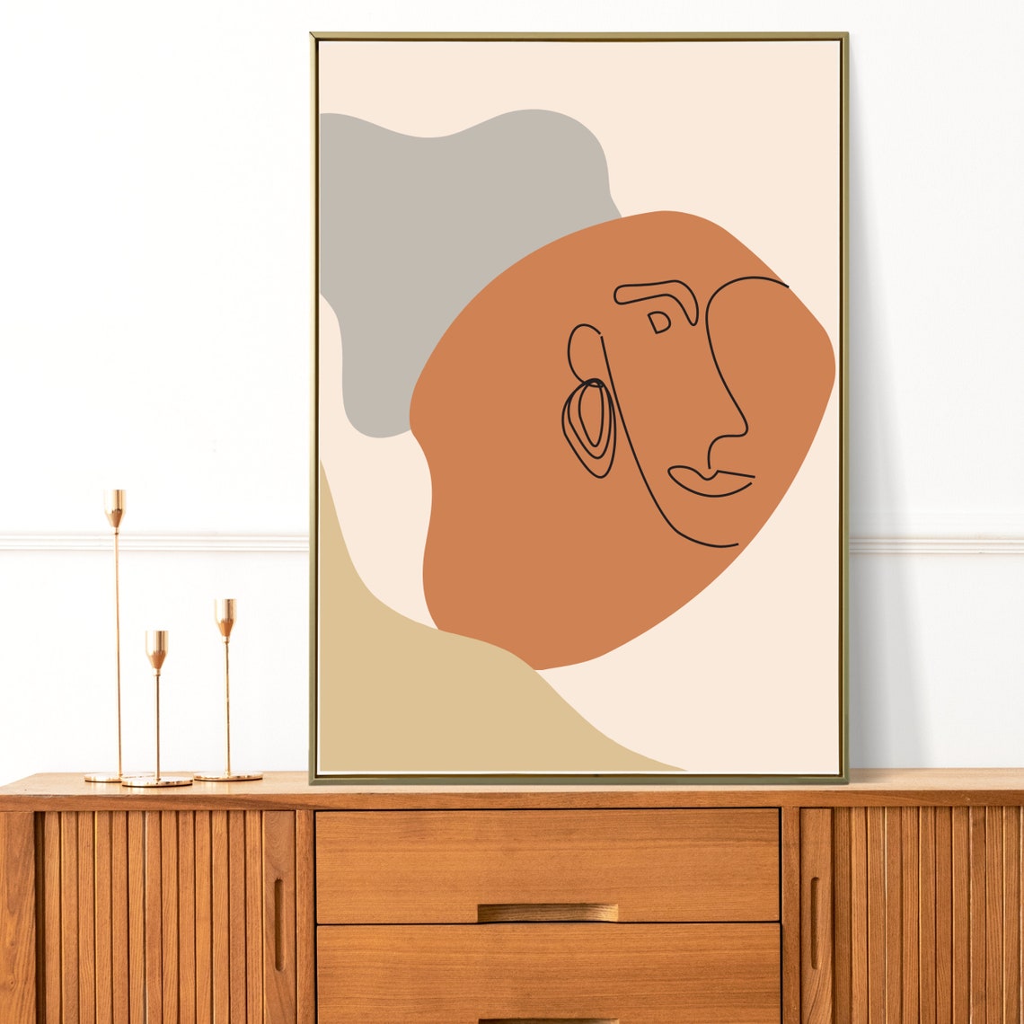 Boho Woman Line Art, Earth Tones Decor