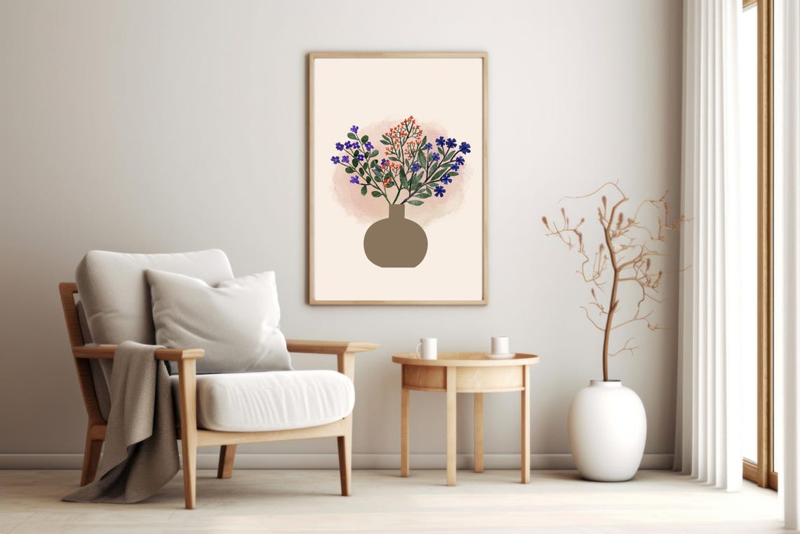 Wildflower Bouquet in Vase Blue Coral Blossoms Minimalist Art Poster