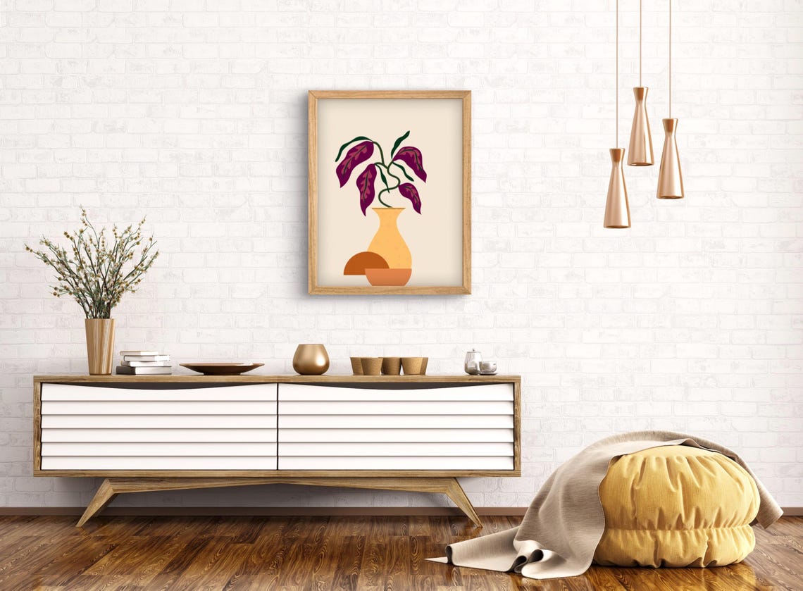 Boho Botanical Vase Burgundy Leaf Yellow Vessel Cream Neutral Poster - Image 3