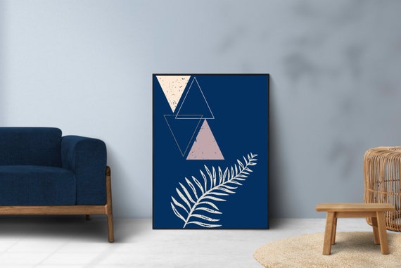 Mid Century Modern Wall Art Navy Blue Geometric Wall Print Triangles And Tropical Leaves Wall Art